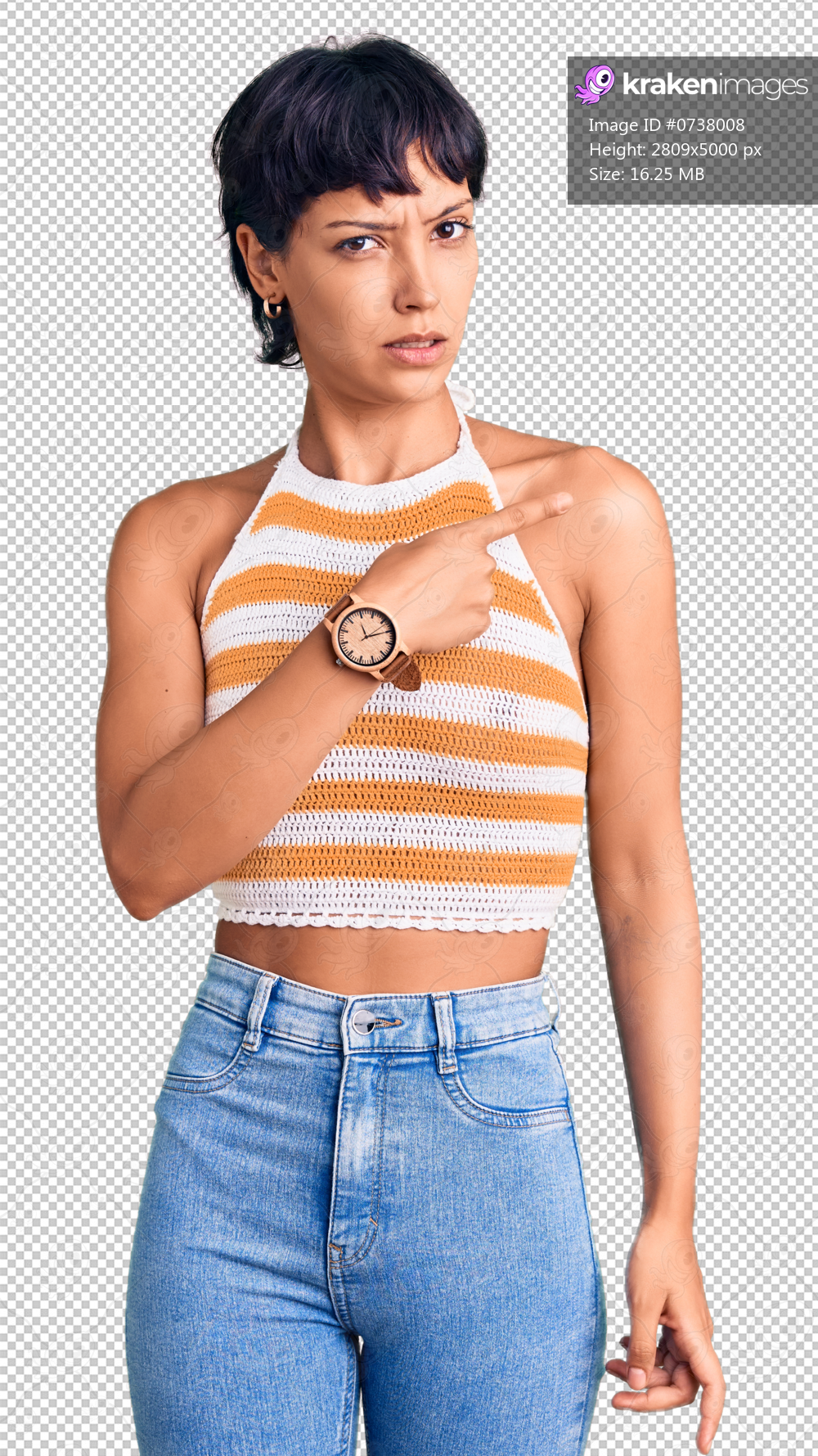 Young brunette woman with short hair wearing casual clothes pointing aside worried and nervous with forefinger, concerned and surprised expression