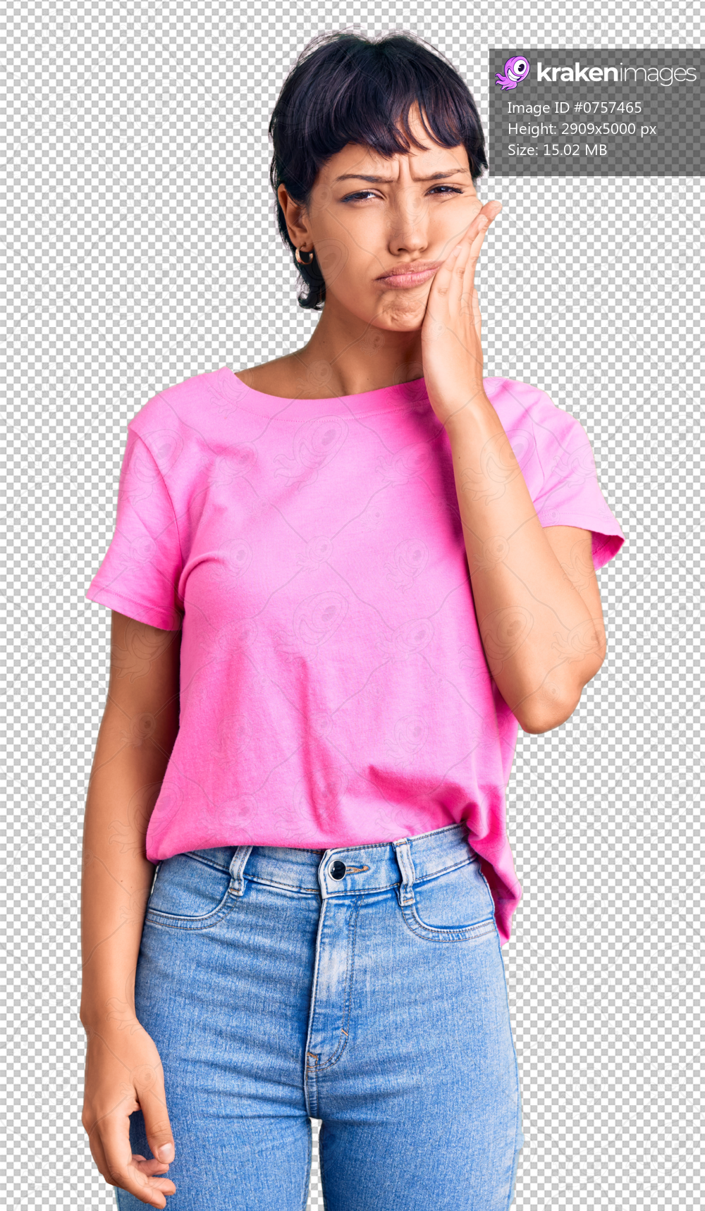 Young brunette woman with short hair wearing casual clothes touching mouth with hand with painful expression because of toothache or dental illness on teeth. dentist