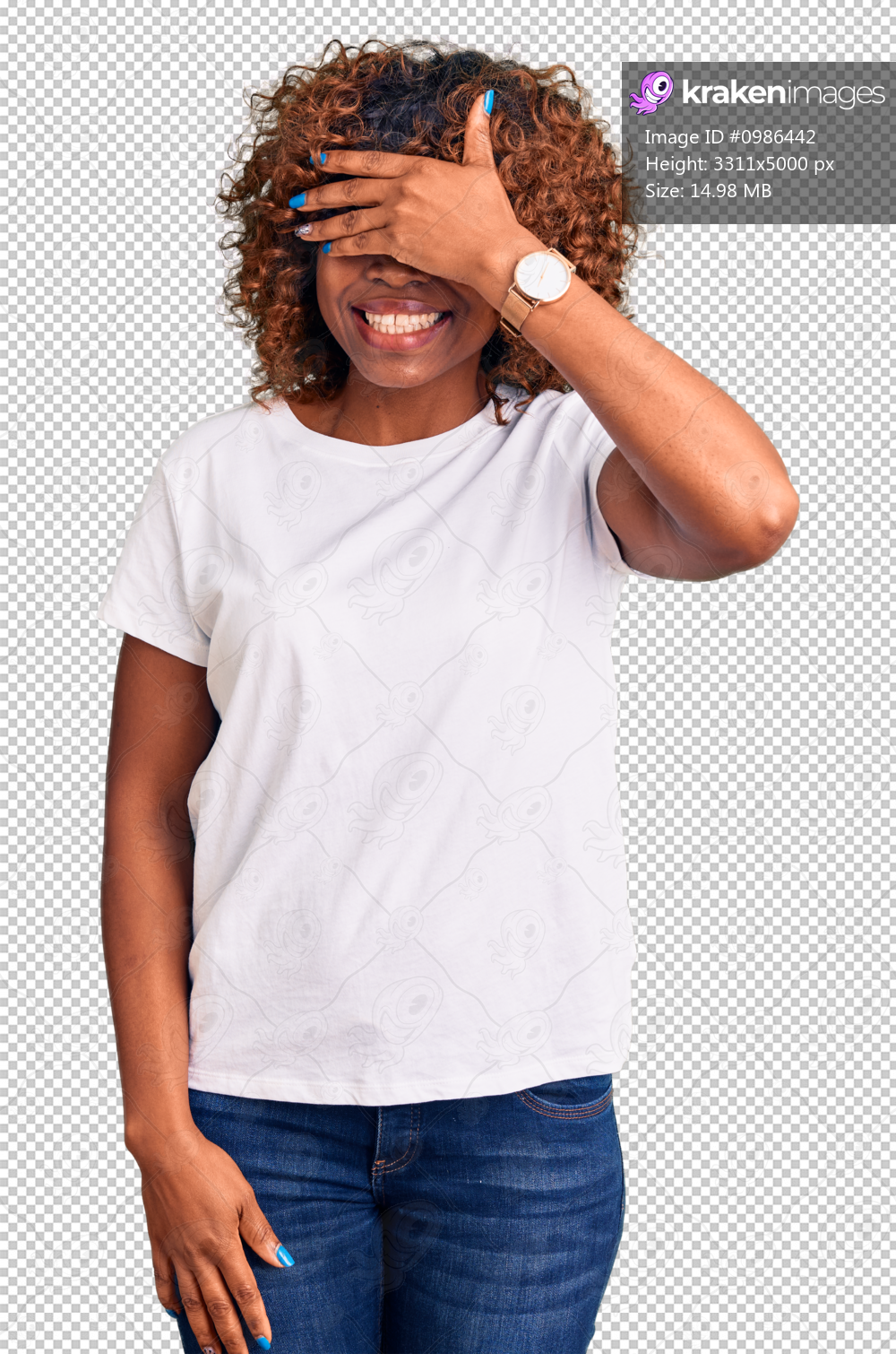Young african american woman wearing casual white tshirt smiling and laughing with hand on face covering eyes for surprise. blind concept.
