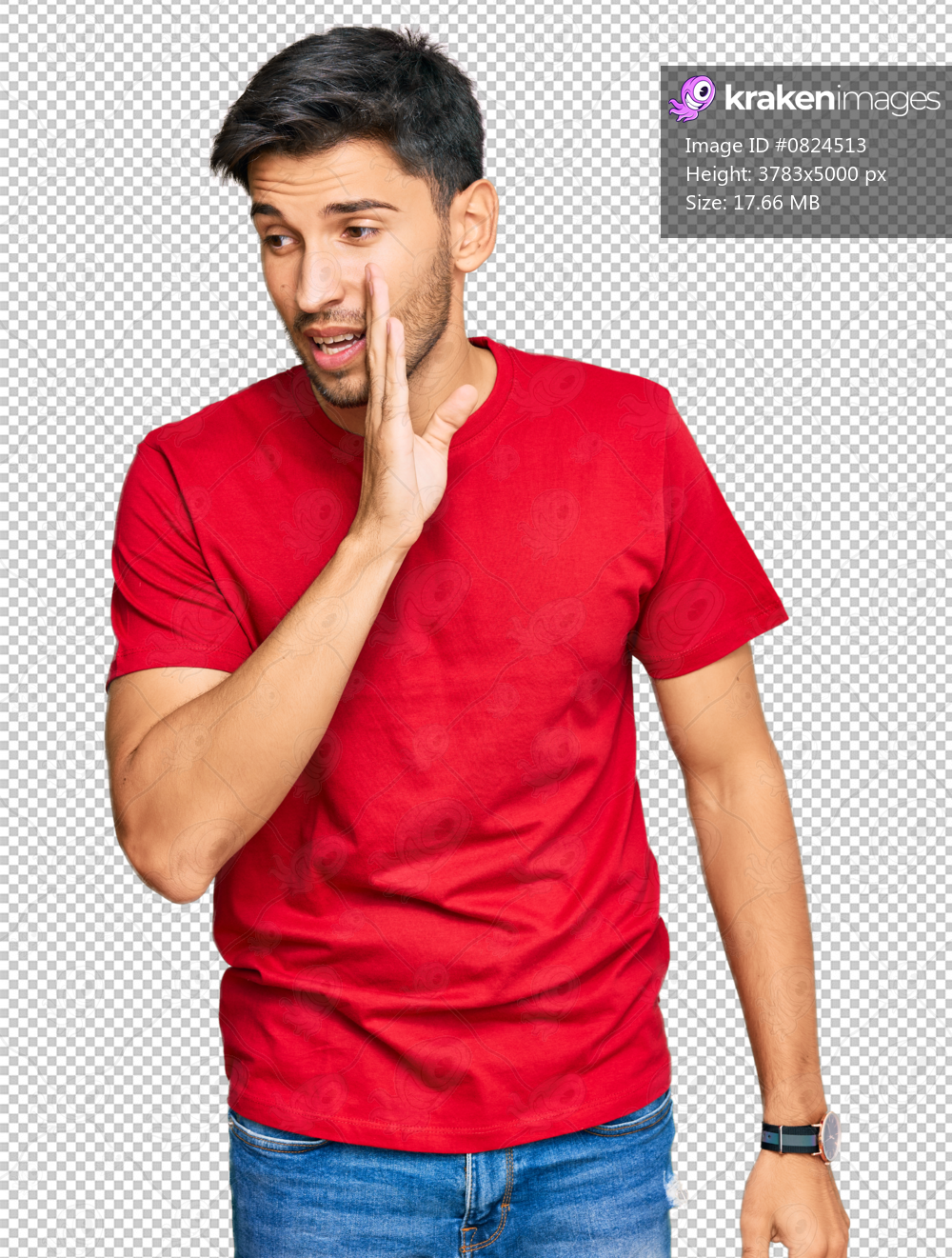 Young handsome man wearing casual red tshirt hand on mouth telling secret rumor, whispering malicious talk conversation