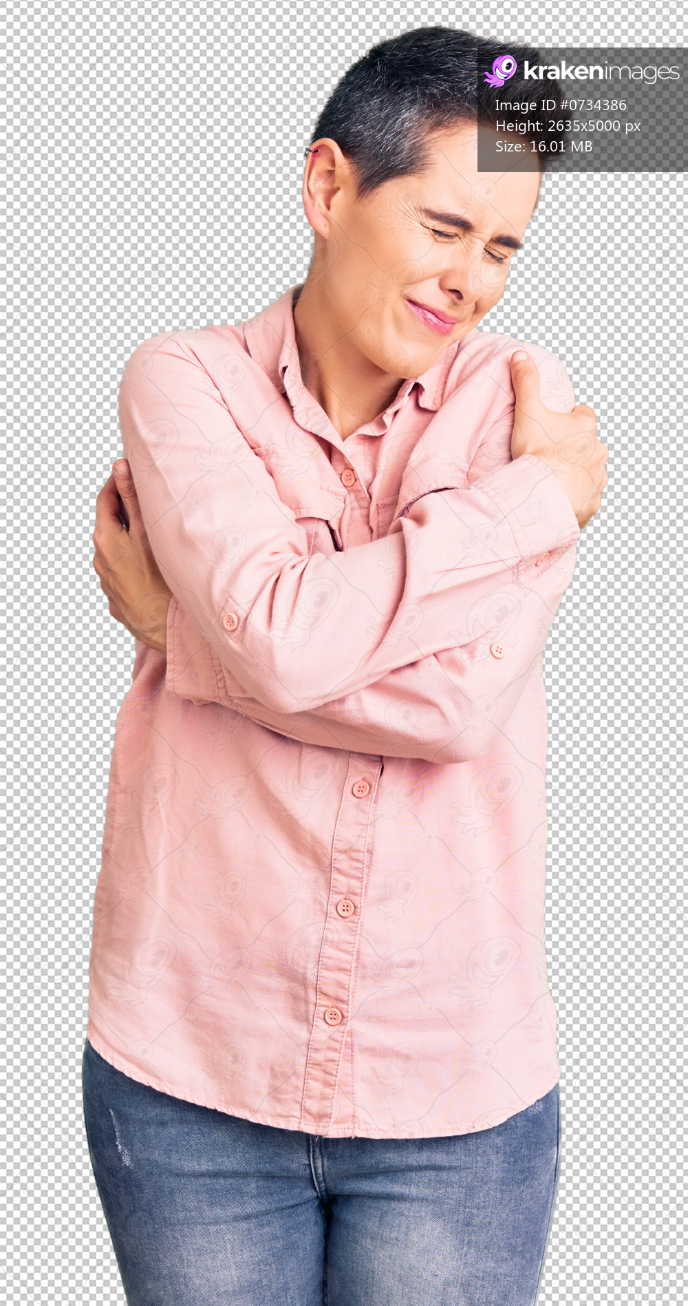 Young woman with short hair wearing casual clothes hugging oneself happy and positive, smiling confident. self love and self care