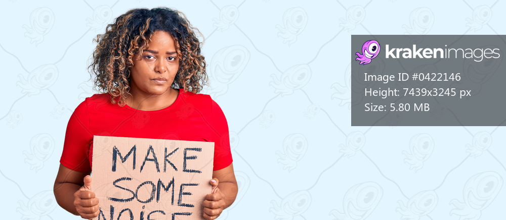 Young african american plus size woman holding make some noise banner thinking attitude and sober expression looking self confident 