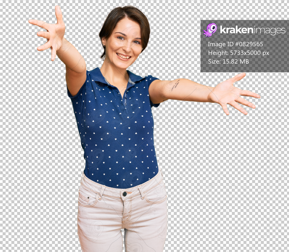 Young brunette woman with short hair wearing casual clothes looking at the camera smiling with open arms for hug. cheerful expression embracing happiness.