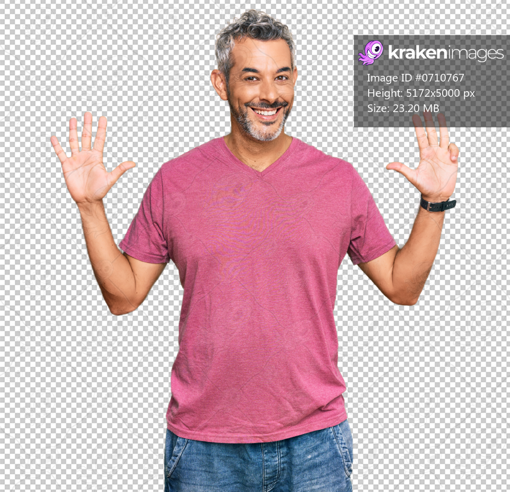 Middle age grey-haired man wearing casual clothes showing and pointing up with fingers number nine while smiling confident and happy.