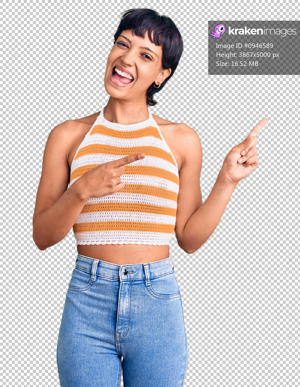 Young brunette woman with short hair wearing casual clothes smiling and looking at the camera pointing with two hands and fingers to the side.