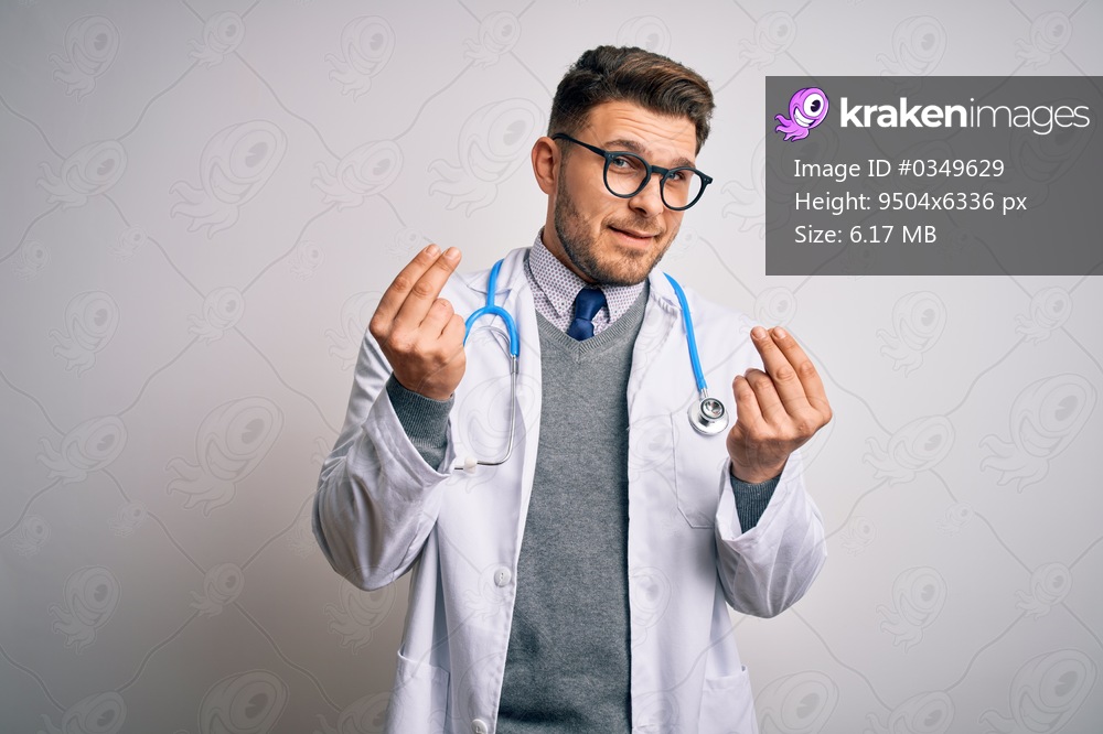 Young doctor man with blue eyes wearing medical coat and stethoscope over isolated background doing money gesture with hands, asking for salary payment, millionaire business