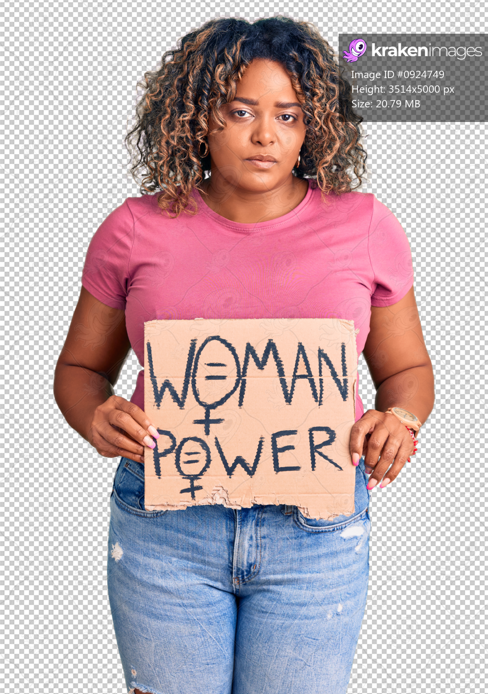 Young african american plus size woman holding woman power banner thinking attitude and sober expression looking self confident