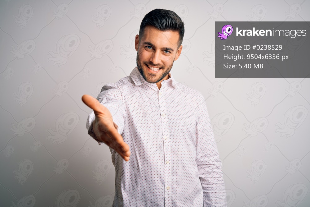 Young handsome man wearing elegant shirt standing over isolated white background smiling cheerful offering palm hand giving assistance and acceptance.
