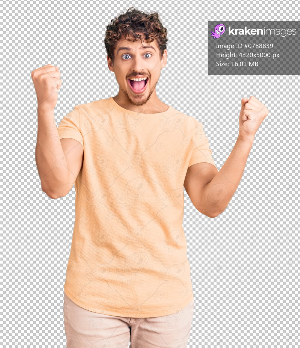 Young handsome man with curly hair wearing casual clothes screaming proud, celebrating victory and success very excited with raised arms