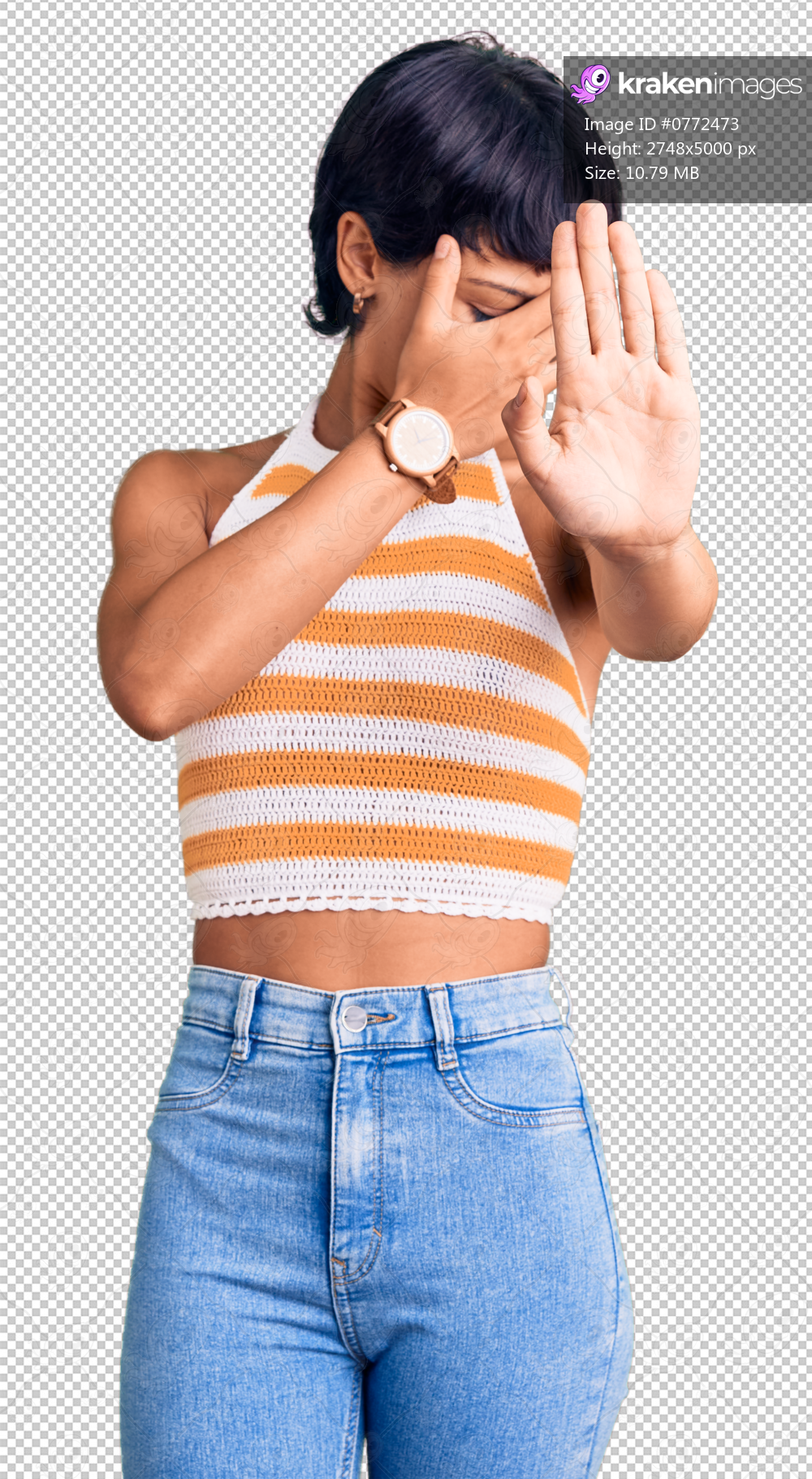 Young brunette woman with short hair wearing casual clothes covering eyes with hands and doing stop gesture with sad and fear expression. embarrassed and negative concept.