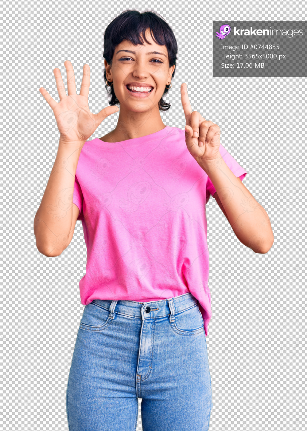 Young brunette woman with short hair wearing casual clothes showing and pointing up with fingers number six while smiling confident and happy.