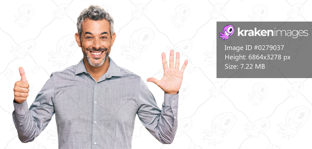 Middle age grey-haired man wearing casual clothes showing and pointing up with fingers number six while smiling confident and happy. 