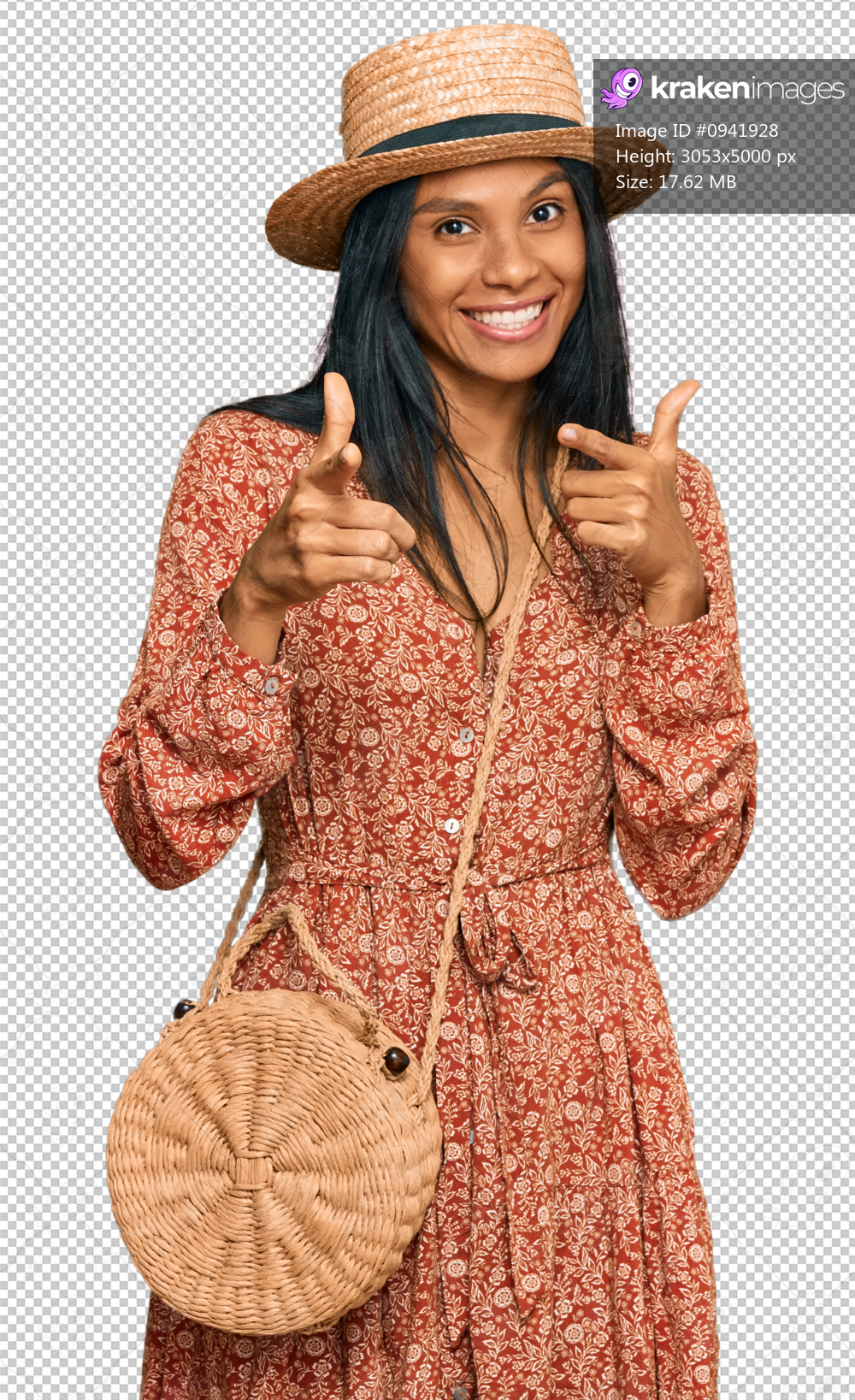 Young african american woman wearing summer hat pointing fingers to camera with happy and funny face. good energy and vibes.