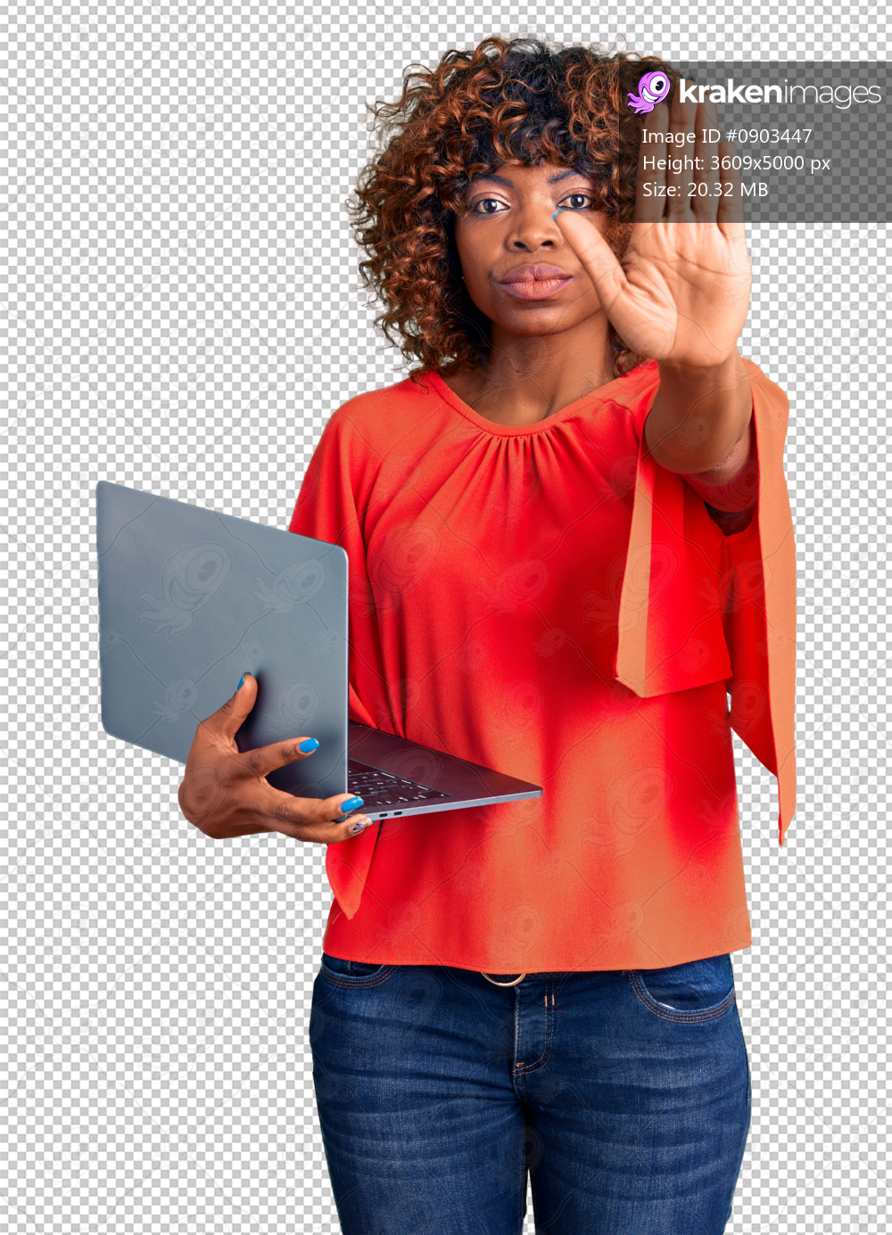 Young african american woman working using computer laptop with open hand doing stop sign with serious and confident expression, defense gesture