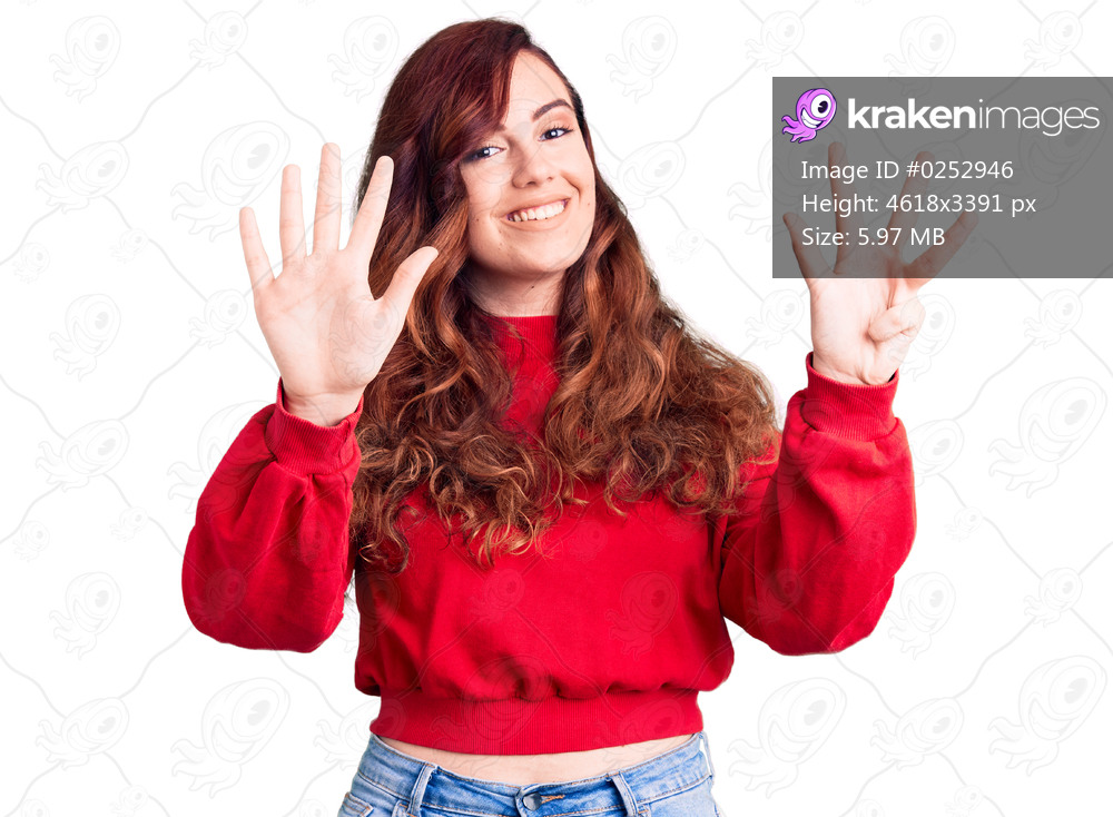 Young beautiful woman wearing casual winter sweater showing and pointing up with fingers number nine while smiling confident and happy. 
