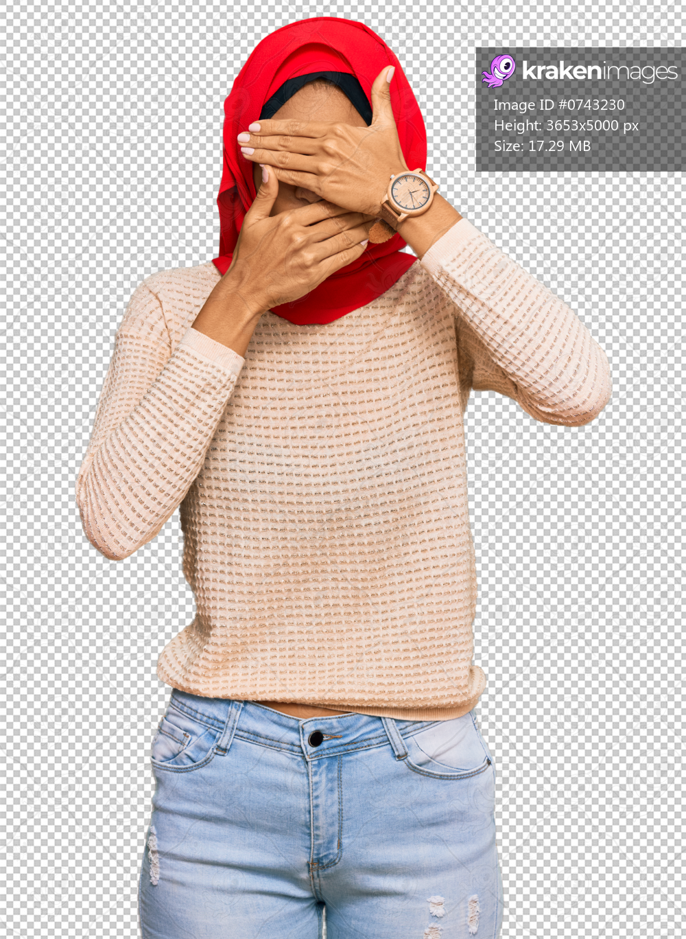 Young african american woman wearing traditional islamic hijab scarf covering eyes and mouth with hands, surprised and shocked. hiding emotion