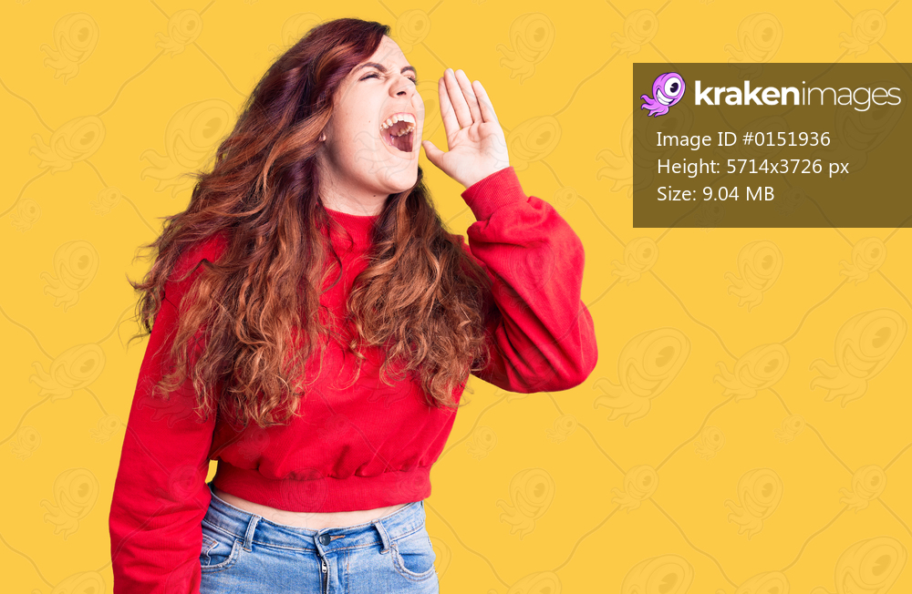 Young beautiful woman wearing casual winter sweater shouting and screaming loud to side with hand on mouth. communication concept. 
