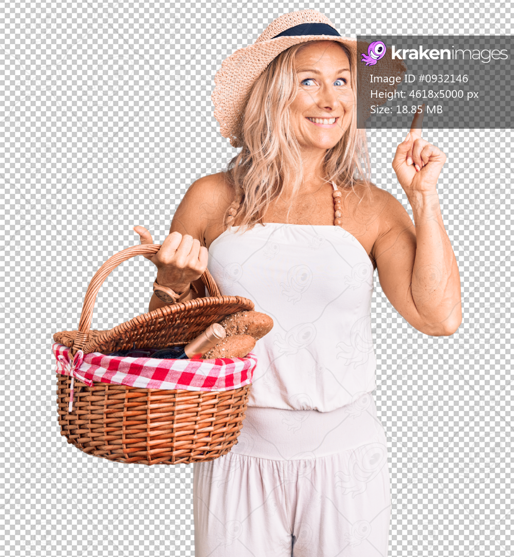 Middle age fit blonde woman wearing summer hat and holding picnic wicker basket with bread surprised with an idea or question pointing finger with happy face, number one