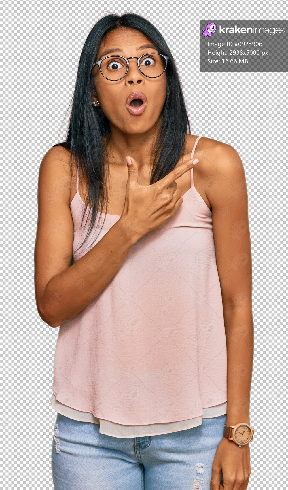 Young african american woman wearing casual clothes and glasses surprised pointing with finger to the side, open mouth amazed expression.