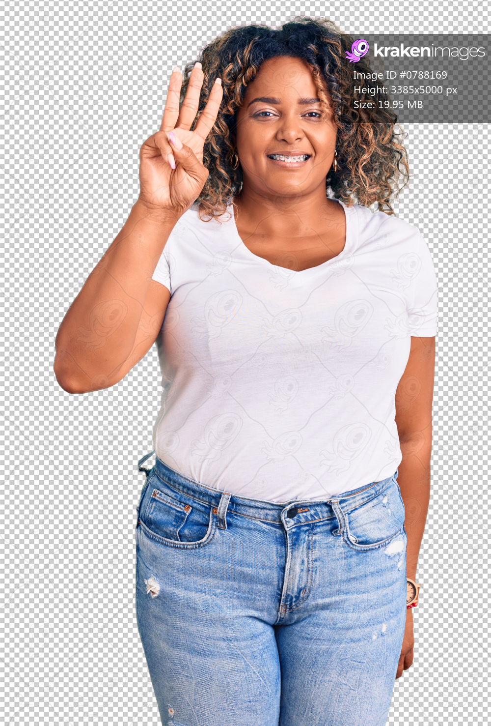 Young african american plus size woman wearing casual clothes showing and pointing up with fingers number three while smiling confident and happy.
