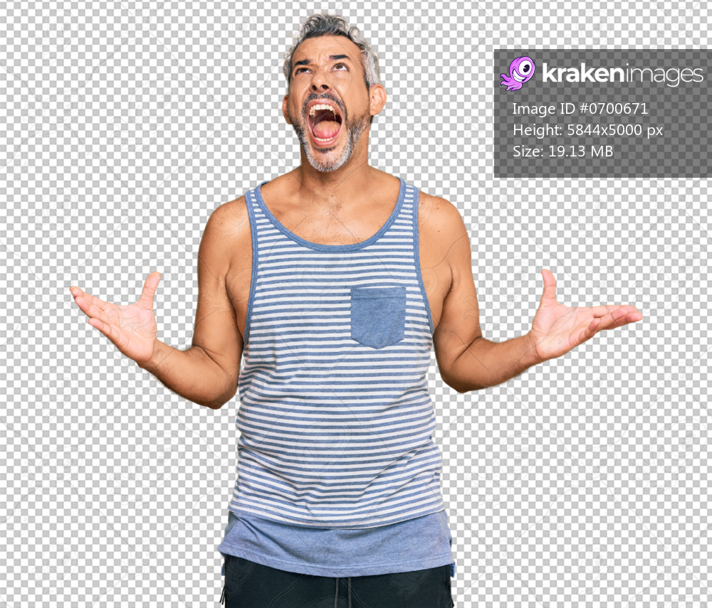 Middle age grey-haired man wearing casual style with sleeveless shirt crazy and mad shouting and yelling with aggressive expression and arms raised. frustration concept.
