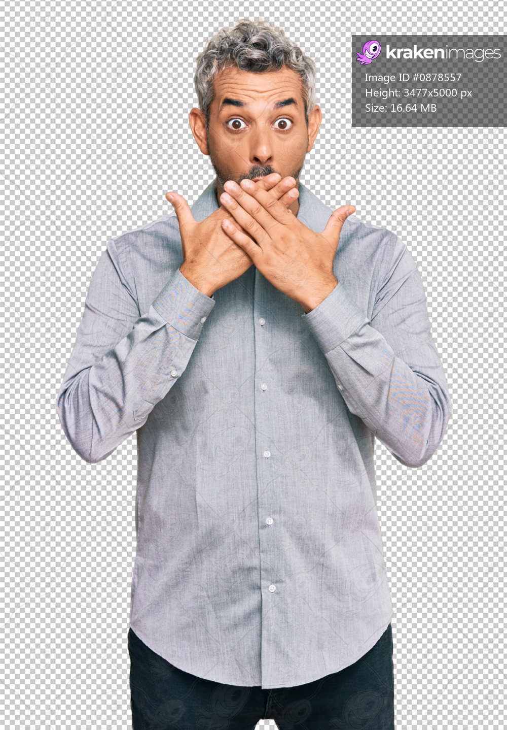 Middle age grey-haired man wearing casual clothes shocked covering mouth with hands for mistake. secret concept.