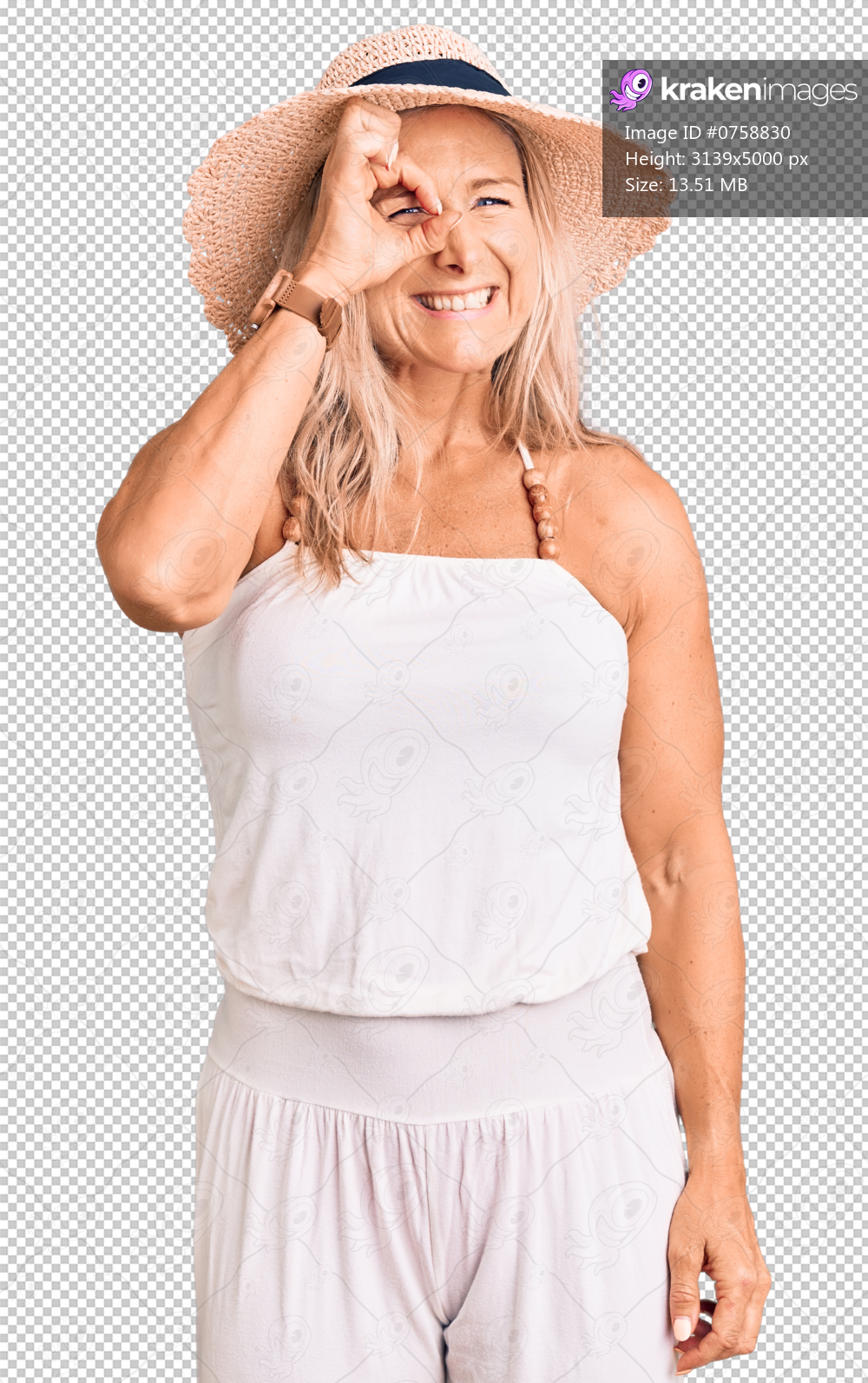 Middle age fit blonde woman wearing summer hat doing ok gesture with hand smiling, eye looking through fingers with happy face.