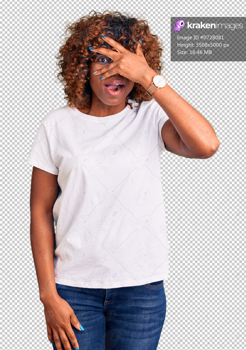Young african american woman wearing casual white tshirt peeking in shock covering face and eyes with hand, looking through fingers with embarrassed expression.
