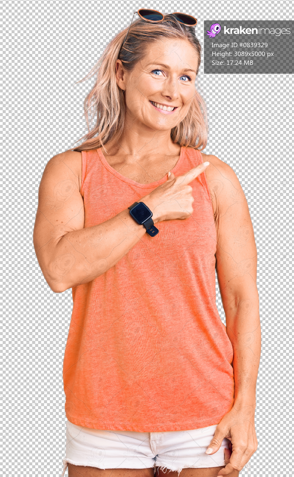 Middle age fit blonde woman wearing casual summer clothes and sunglasses cheerful with a smile on face pointing with hand and finger up to the side with happy and natural expression