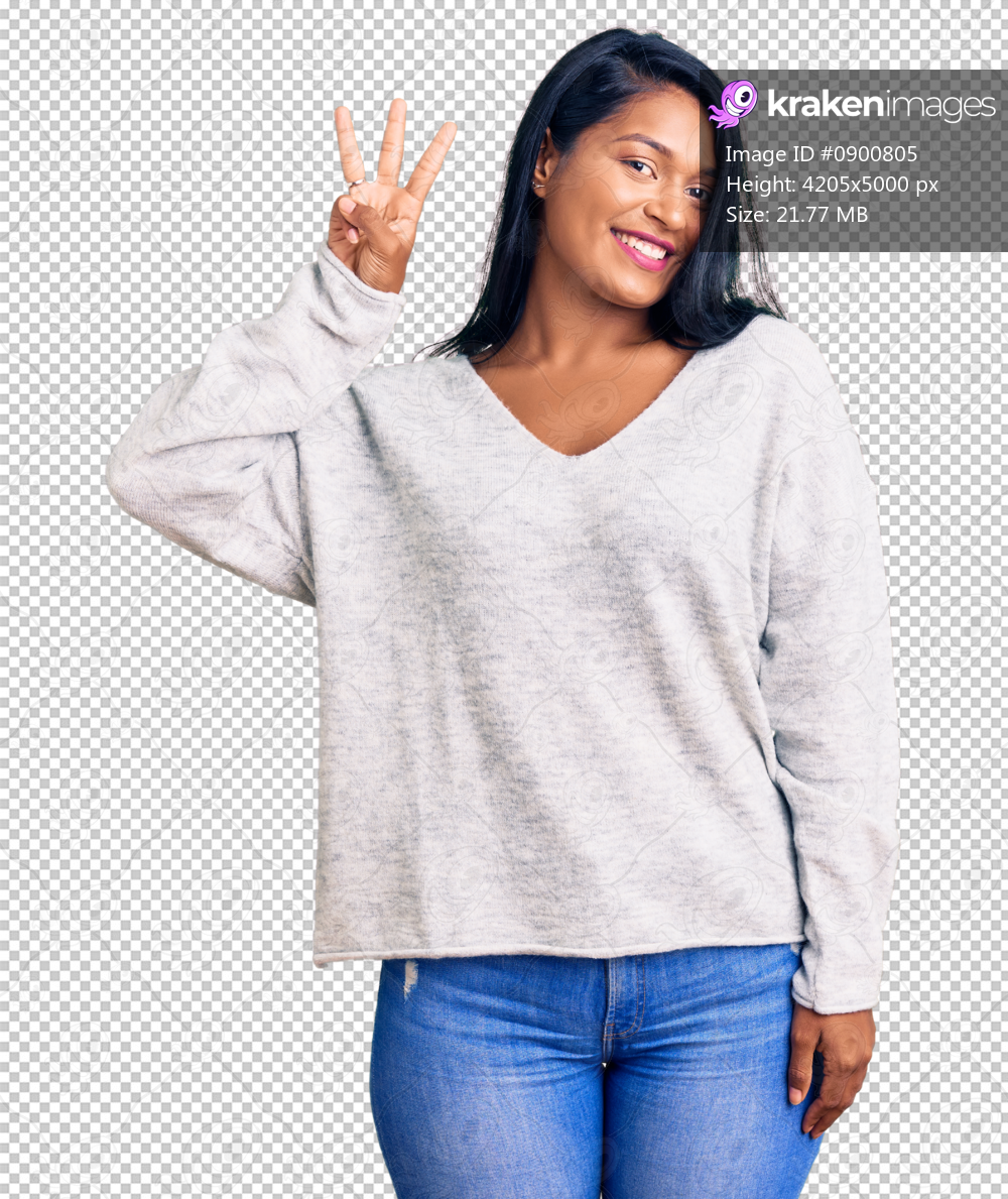 Hispanic woman with long hair wearing casual clothes showing and pointing up with fingers number three while smiling confident and happy.