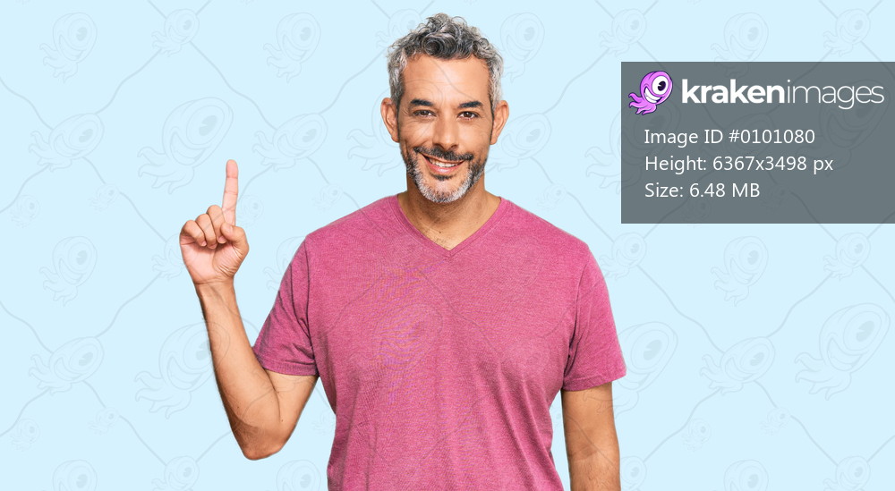 Middle age grey-haired man wearing casual clothes showing and pointing up with finger number one while smiling confident and happy. 