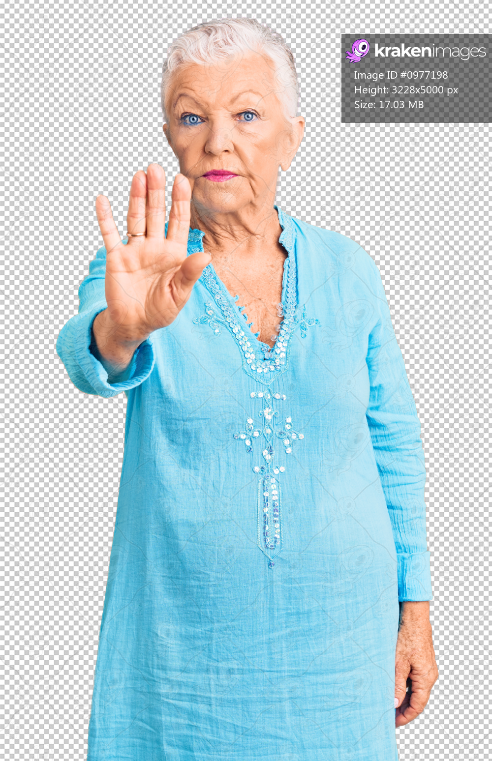Senior beautiful woman with blue eyes and grey hair wearing summer dress doing stop sing with palm of the hand. warning expression with negative and serious gesture on the face.