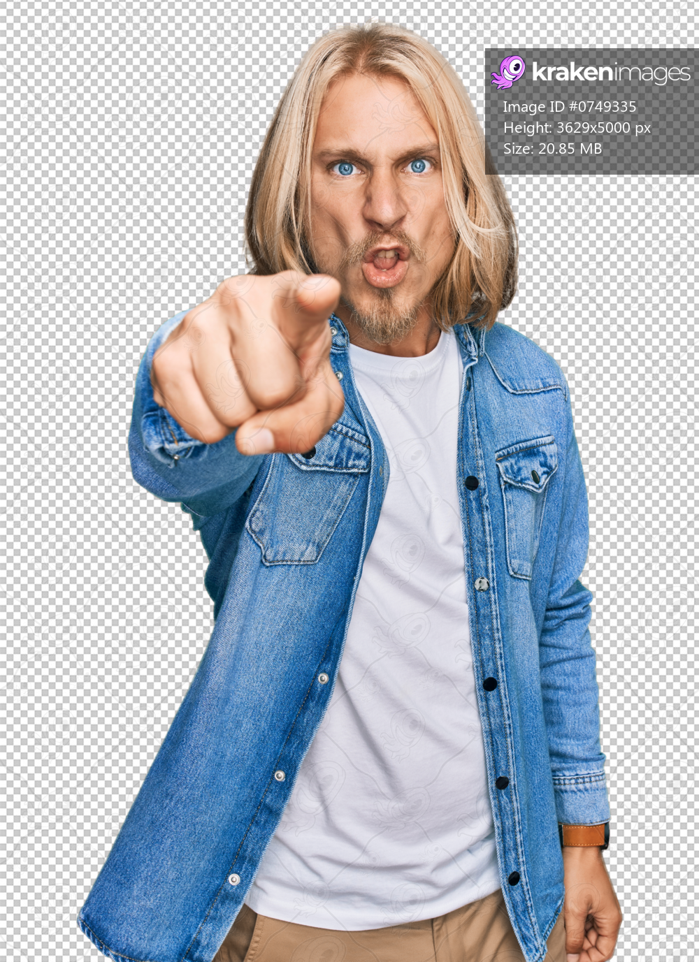 Caucasian man with blond long hair wearing casual denim jacket pointing displeased and frustrated to the camera, angry and furious with you