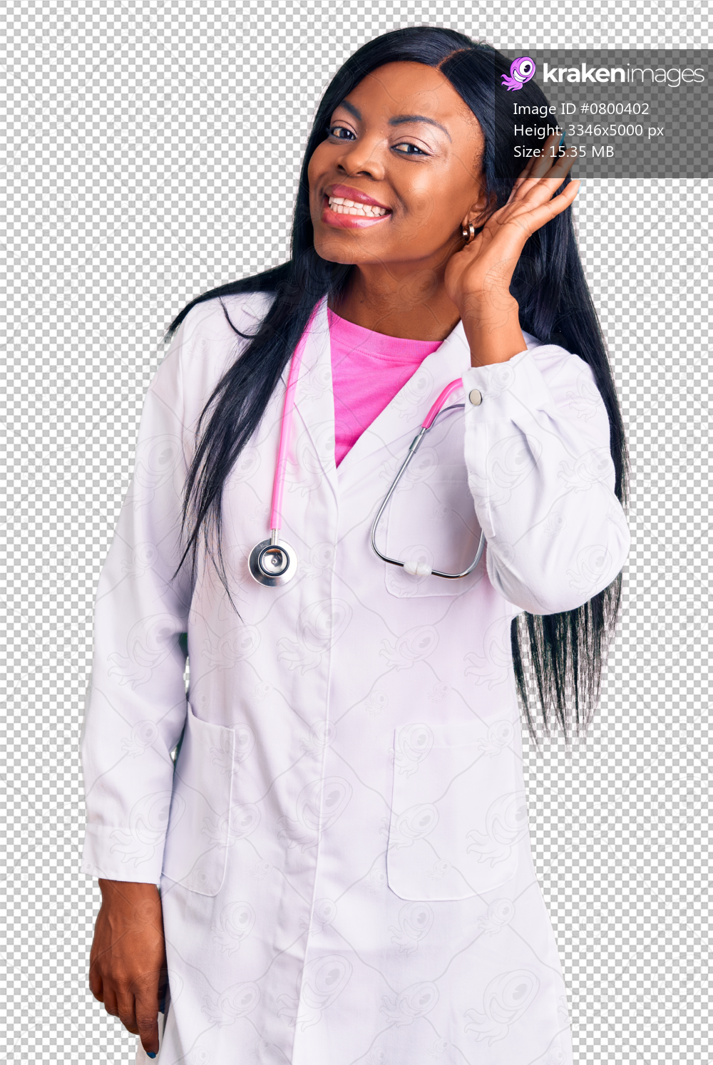 Young african american woman wearing doctor stethoscope smiling with hand over ear listening an hearing to rumor or gossip. deafness concept.