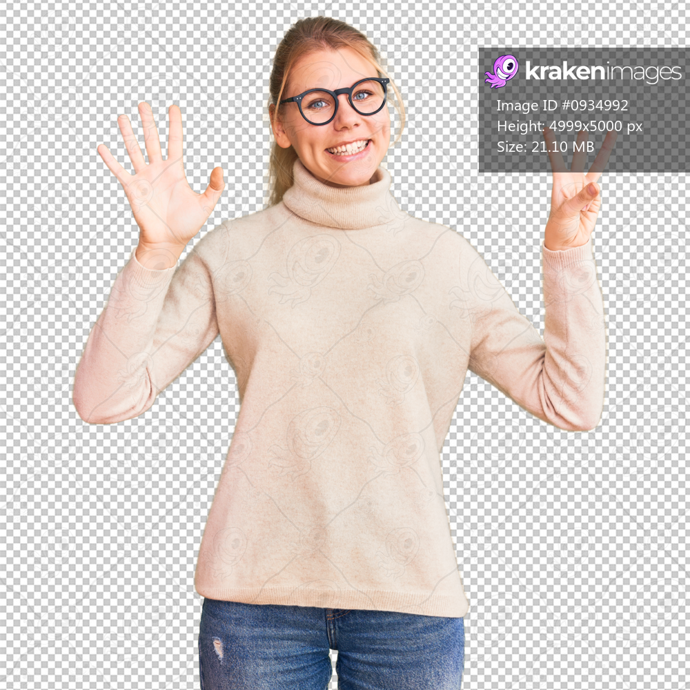 Young beautiful blonde woman wearing turtleneck sweater and glasses showing and pointing up with fingers number eight while smiling confident and happy.