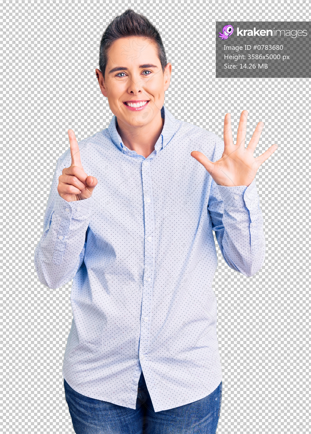 Young woman with short hair wearing business clothes showing and pointing up with fingers number six while smiling confident and happy.