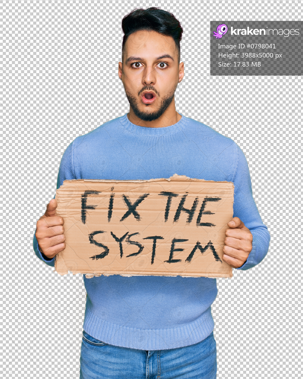 Young arab man holding fix the system banner cardboard scared and amazed with open mouth for surprise, disbelief face