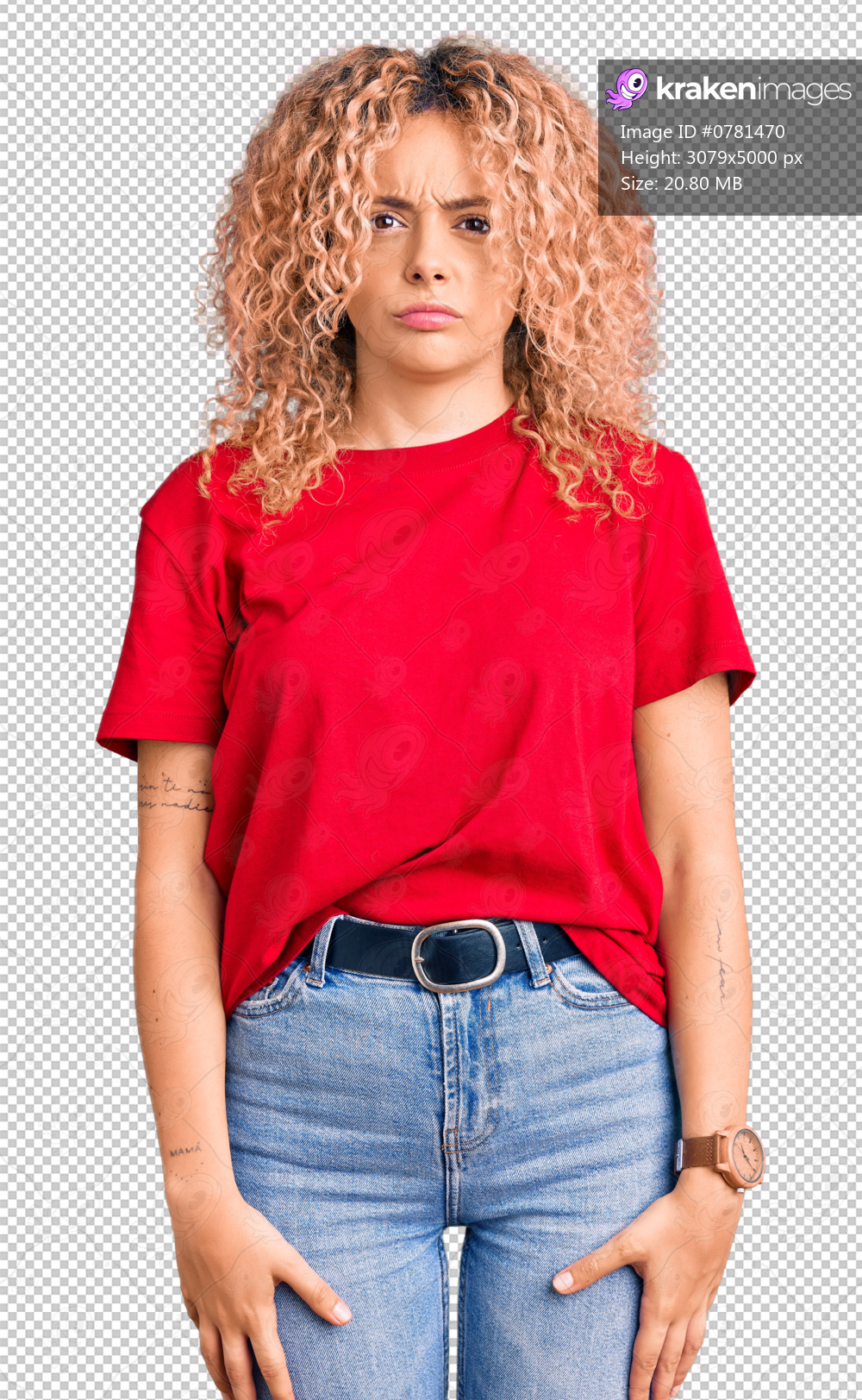 Young blonde woman with curly hair wearing casual red tshirt skeptic and nervous, frowning upset because of problem. negative person.