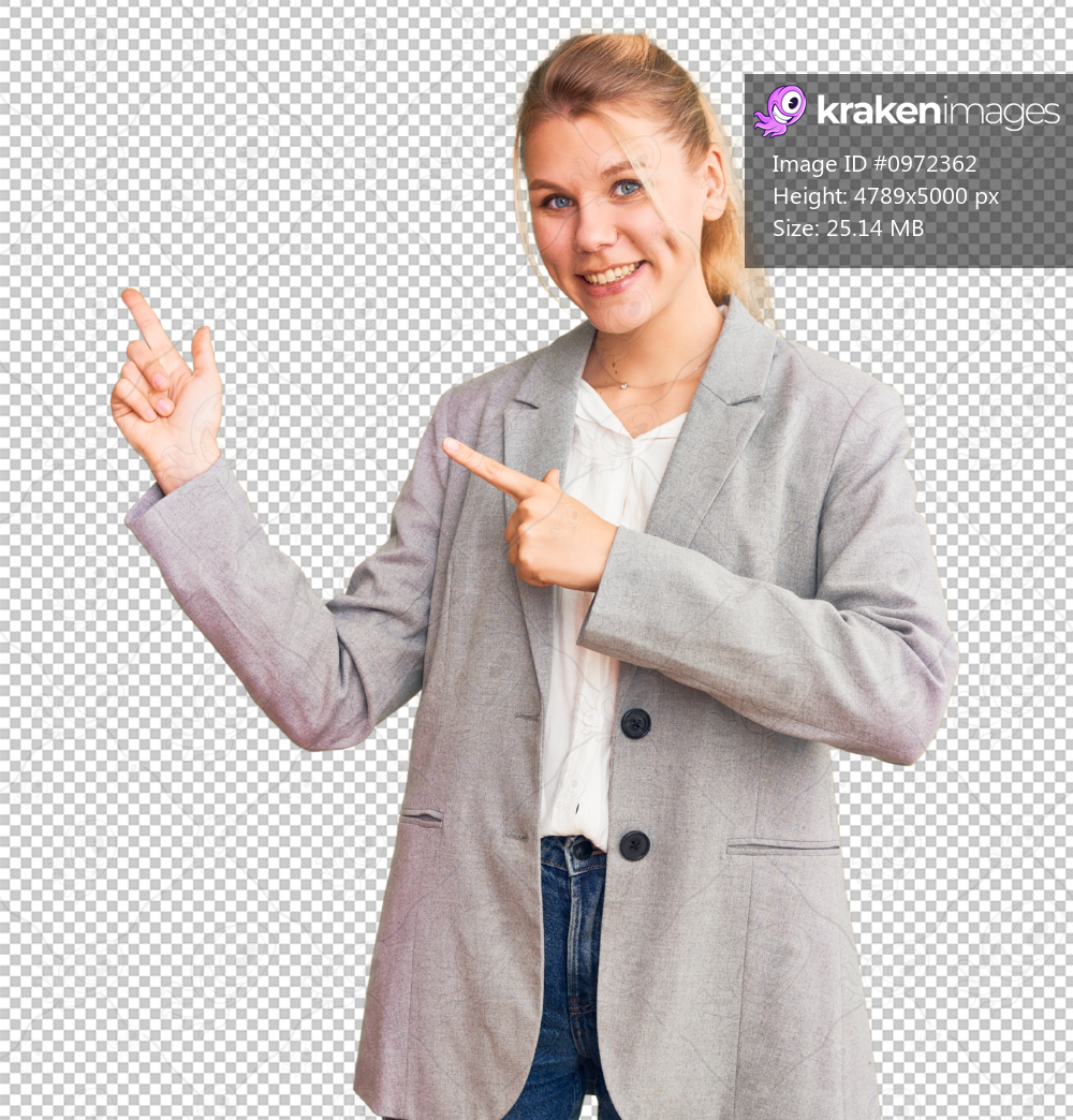 Young beautiful blonde woman wearing elegant jacket smiling and looking at the camera pointing with two hands and fingers to the side.
