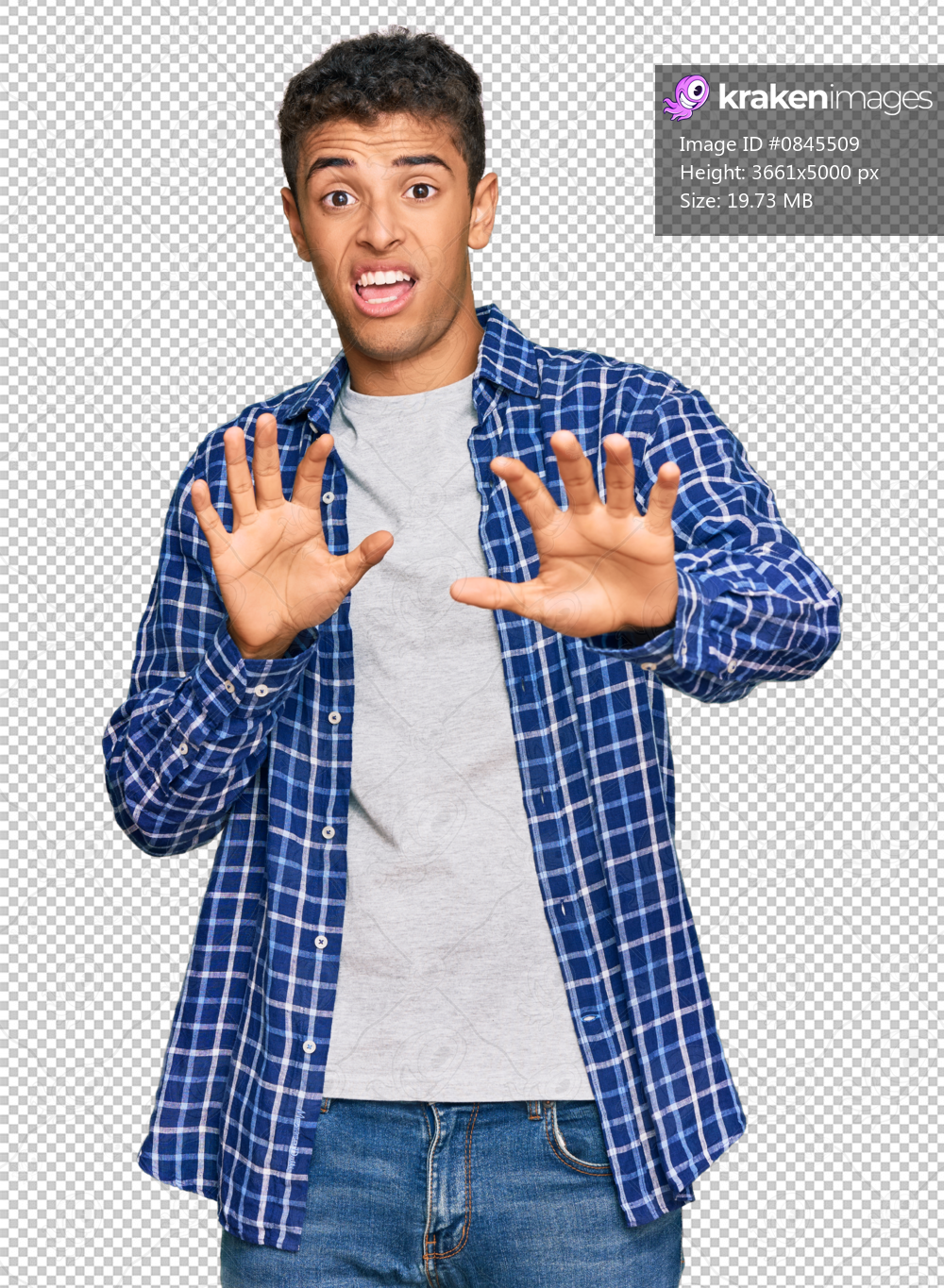 Young handsome african american man wearing casual clothes afraid and terrified with fear expression stop gesture with hands, shouting in shock. panic concept.