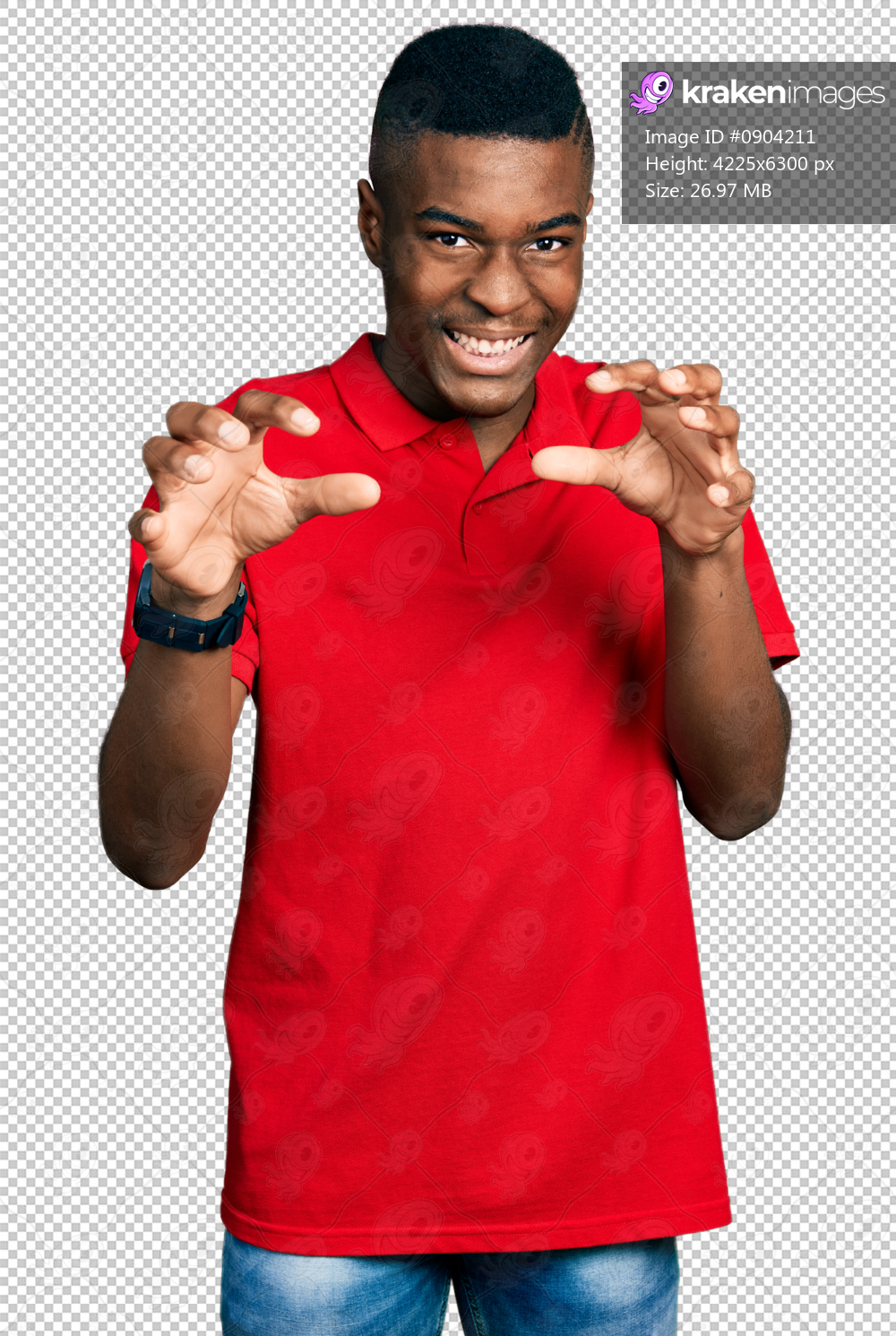 Young african american man wearing casual red t shirt smiling funny doing claw gesture as cat, aggressive and sexy expression