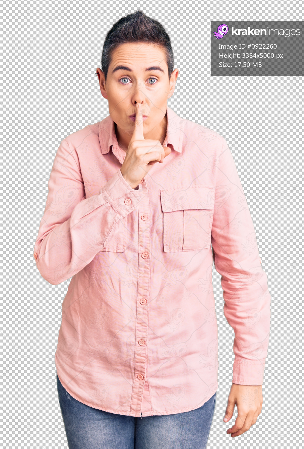 Young woman with short hair wearing casual clothes asking to be quiet with finger on lips. silence and secret concept.
