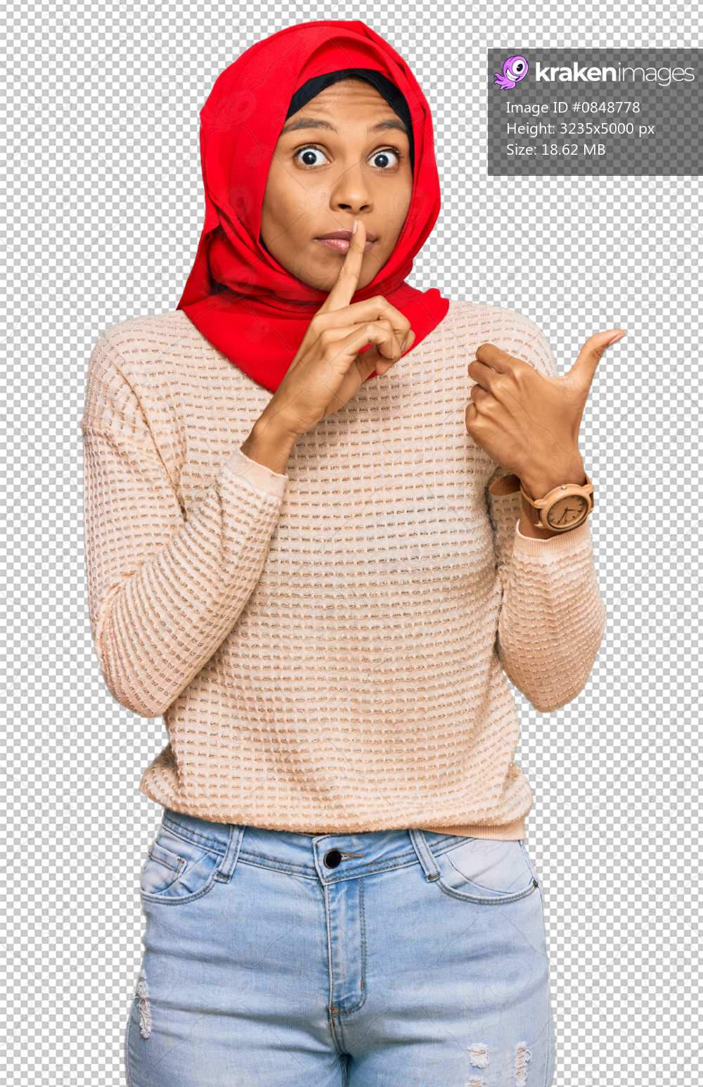 Young african american woman wearing traditional islamic hijab scarf asking to be quiet with finger on lips pointing with hand to the side. silence and secret concept.