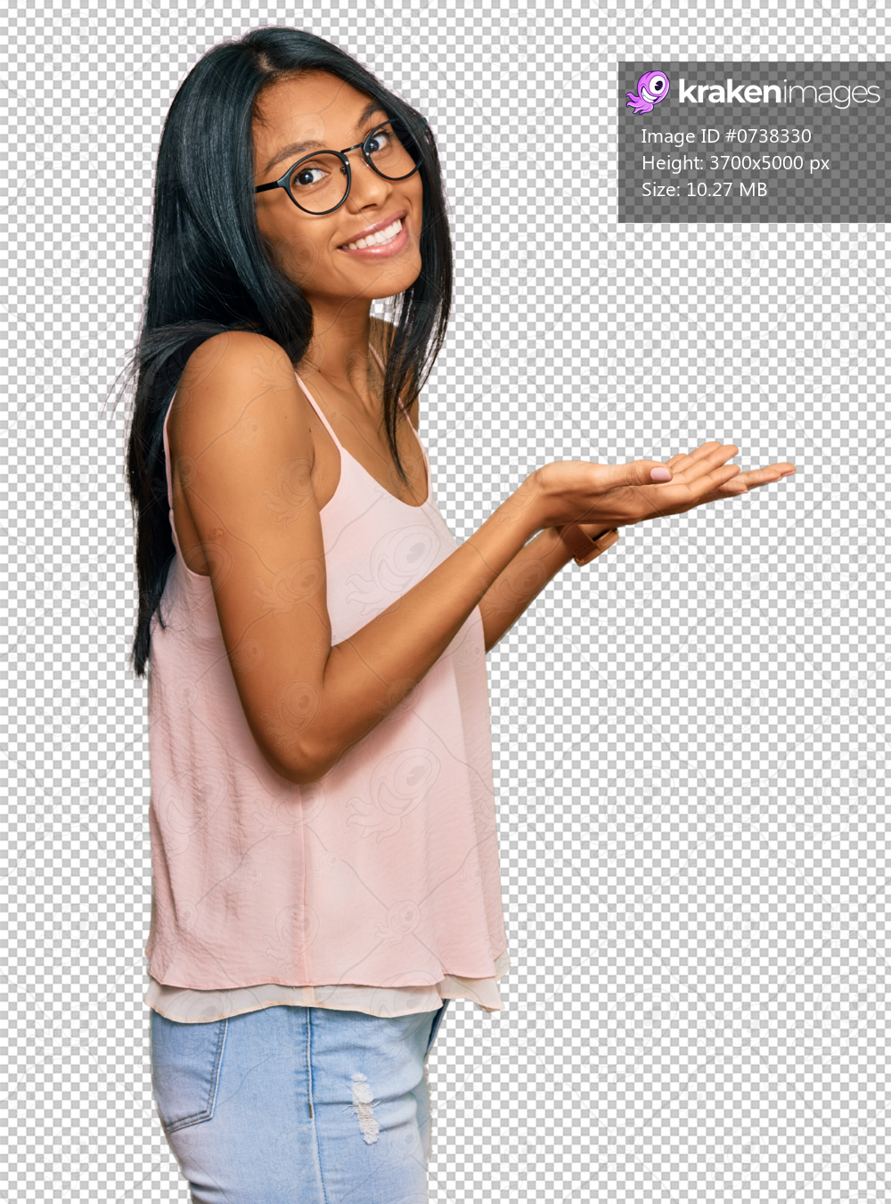 Young african american woman wearing casual clothes and glasses pointing aside with hands open palms showing copy space, presenting advertisement smiling excited happy