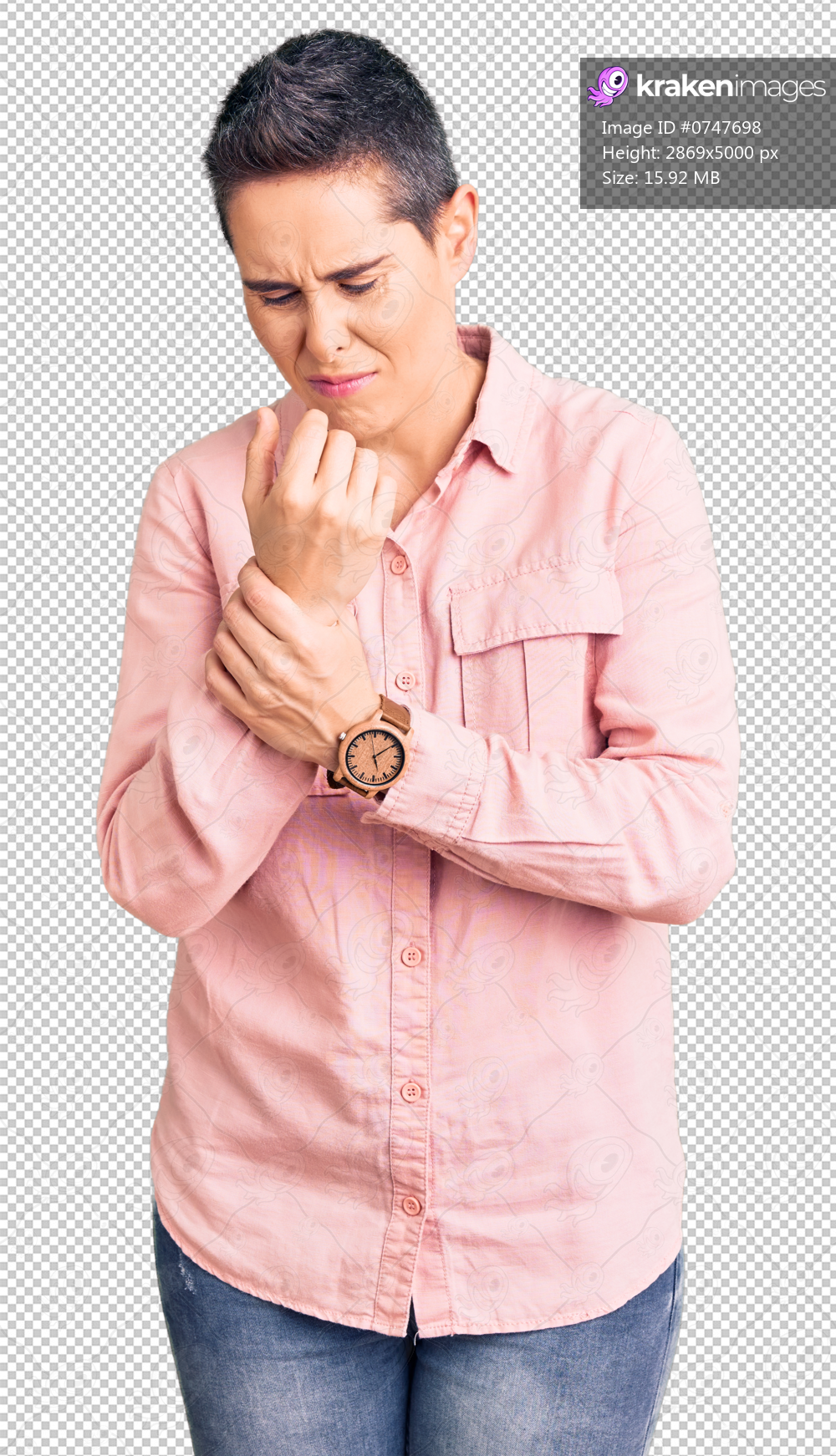 Young woman with short hair wearing casual clothes suffering pain on hands and fingers, arthritis inflammation