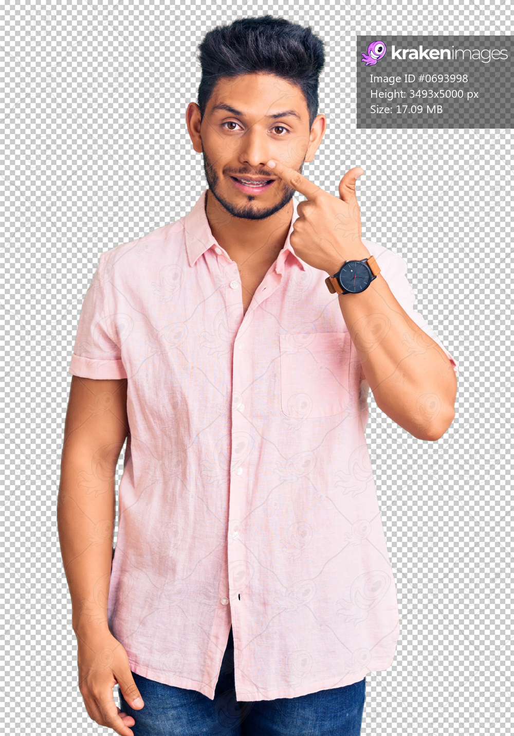 Handsome latin american young man wearing casual summer shirt pointing with hand finger to face and nose, smiling cheerful. beauty concept