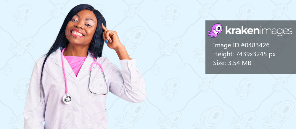 Young african american woman wearing doctor stethoscope smiling pointing to head with one finger, great idea or thought, good memory 