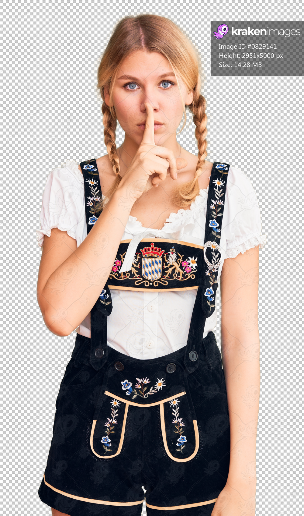 Young beautiful blonde woman wearing oktoberfest dress asking to be quiet with finger on lips. silence and secret concept.