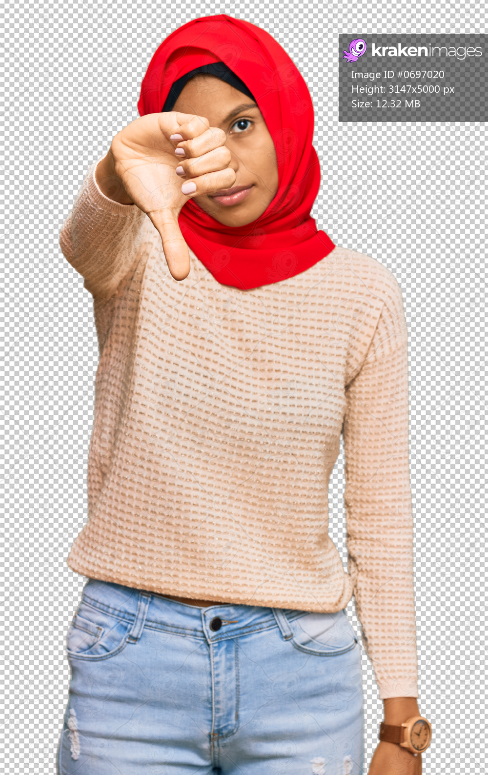 Young african american woman wearing traditional islamic hijab scarf looking unhappy and angry showing rejection and negative with thumbs down gesture. bad expression.