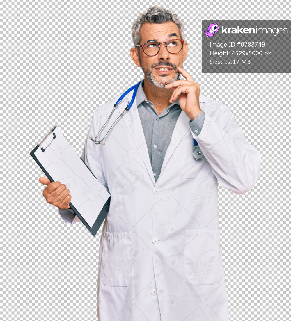 Middle age grey-haired man wearing doctor stethoscope holding clipboard serious face thinking about question with hand on chin, thoughtful about confusing idea